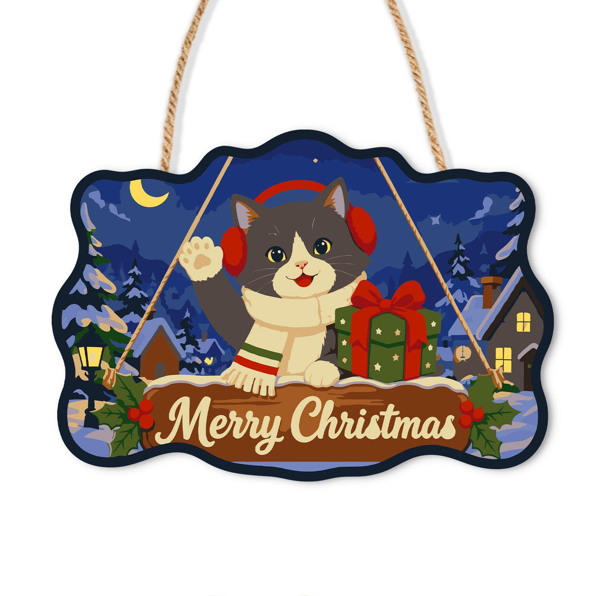 Earmuffed Cat on a Moonlit Night paint by numbers hanging sign – Grey and white cat in red earmuffs and scarf waving beside gifts at night with a crescent moon, Merry Christmas, on a wooden sign with a rope hanger