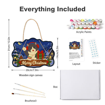 Earmuffed Cat on a Moonlit Night paint by numbers hanging sign – what's in the kit: the wooden sign, rope hanger, numbered paints and brushes