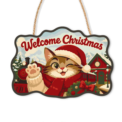Waving Cat by the Steam Train paint by numbers hanging sign – Winking tabby cat in a Santa hat and red scarf waving by a steam train, wreath and red station, Welcome Christmas, on a wooden sign with a rope hanger