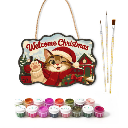 Waving Cat by the Steam Train paint by numbers hanging sign – image 2