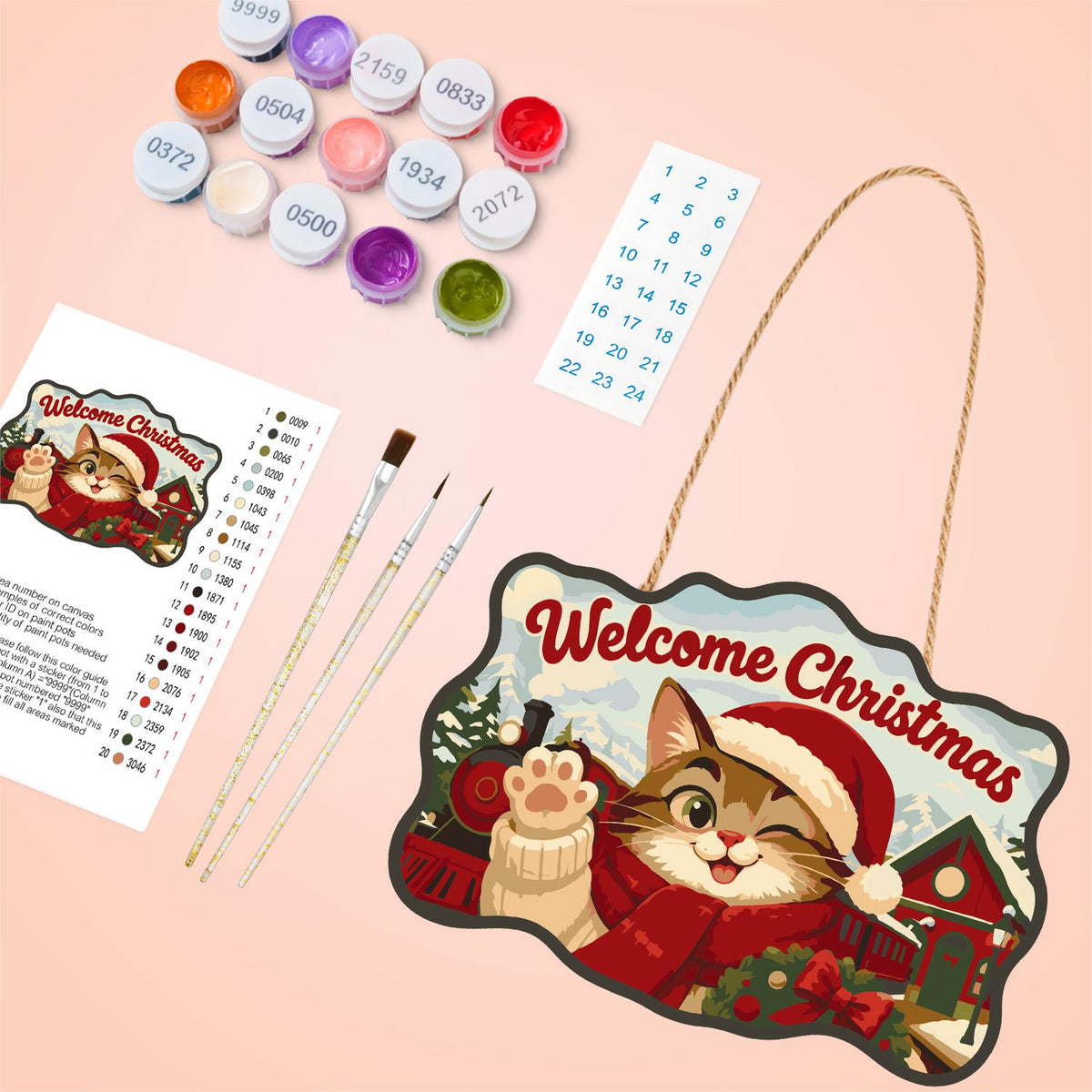 Waving Cat by the Steam Train paint by numbers hanging sign – image 4