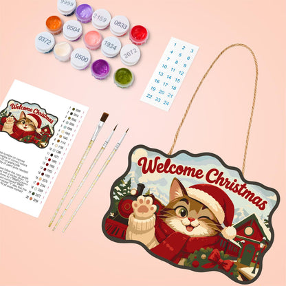 Waving Cat by the Steam Train paint by numbers hanging sign – image 4