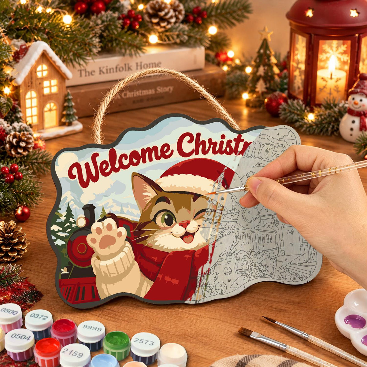 Waving Cat by the Steam Train paint by numbers hanging sign – image 7