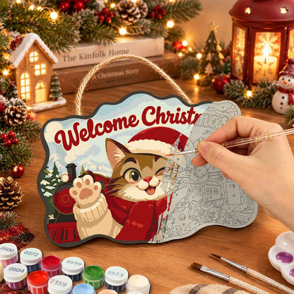 Waving Cat by the Steam Train paint by numbers hanging sign – image 7