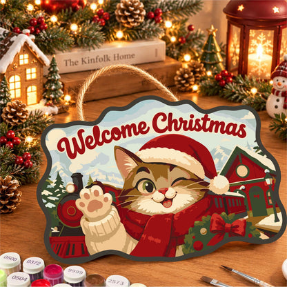 Waving Cat by the Steam Train paint by numbers hanging sign – image 8