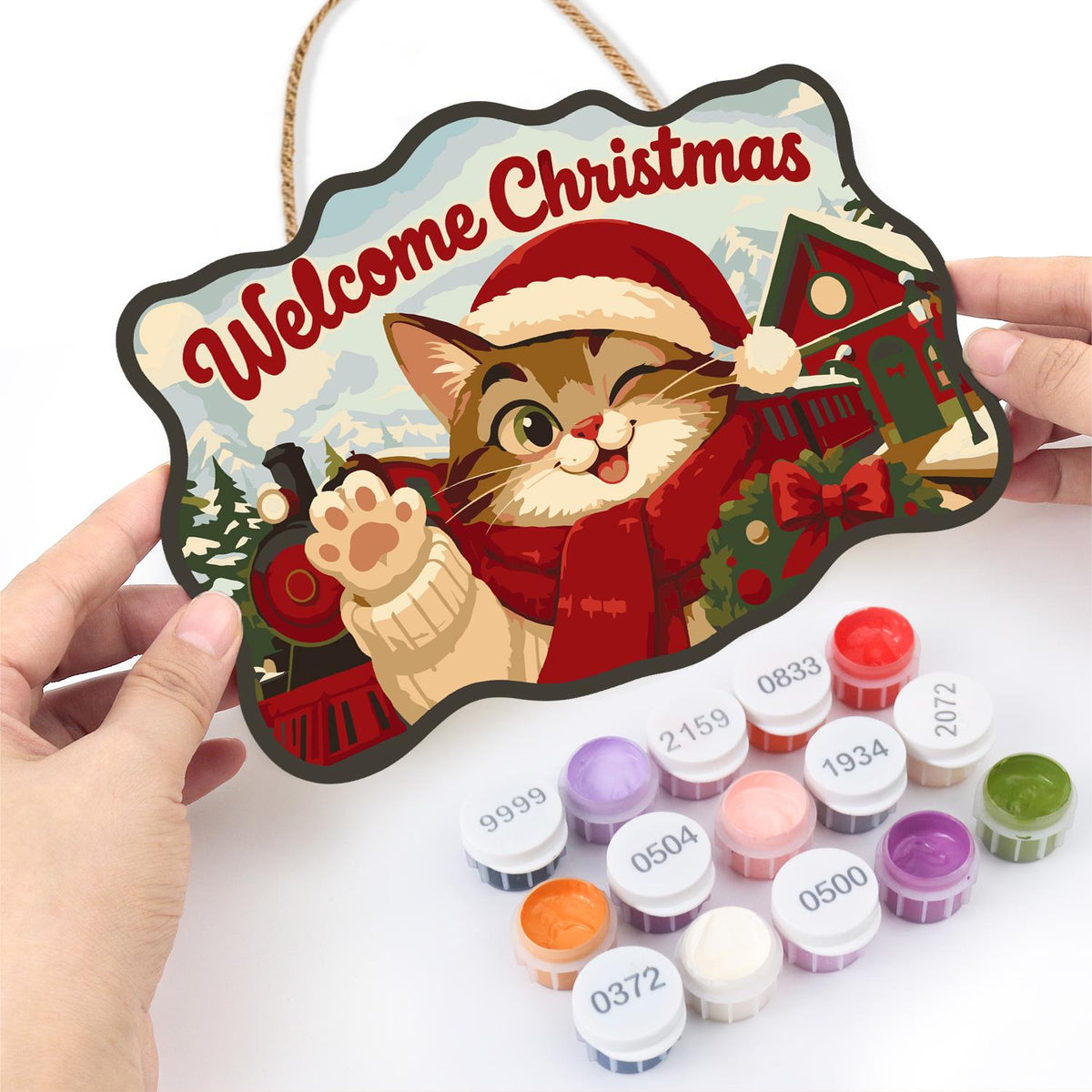 Waving Cat by the Steam Train paint by numbers hanging sign – image 9