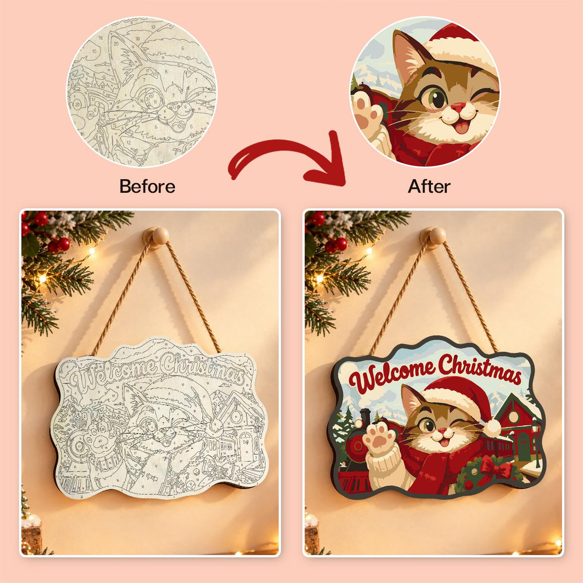 Waving Cat by the Steam Train paint by numbers hanging sign – image 10