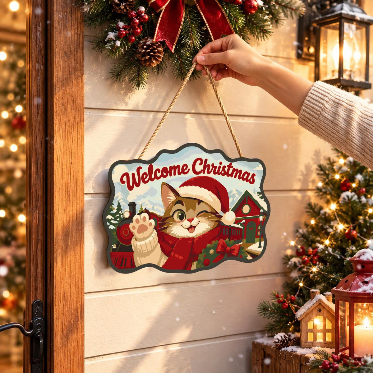 Waving Cat by the Steam Train paint by numbers hanging sign – image 14