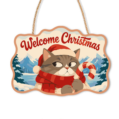 Side-Eye Tabby with Candy Cane paint by numbers hanging sign – Tabby cat in a Santa hat and red scarf giving a side-eye with a candy cane by a lake, Welcome Christmas, on a wooden sign with a rope hanger