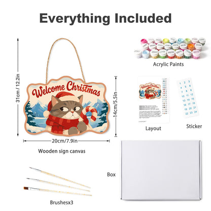 Side-Eye Tabby with Candy Cane paint by numbers hanging sign – what's in the kit: the wooden sign, rope hanger, numbered paints and brushes