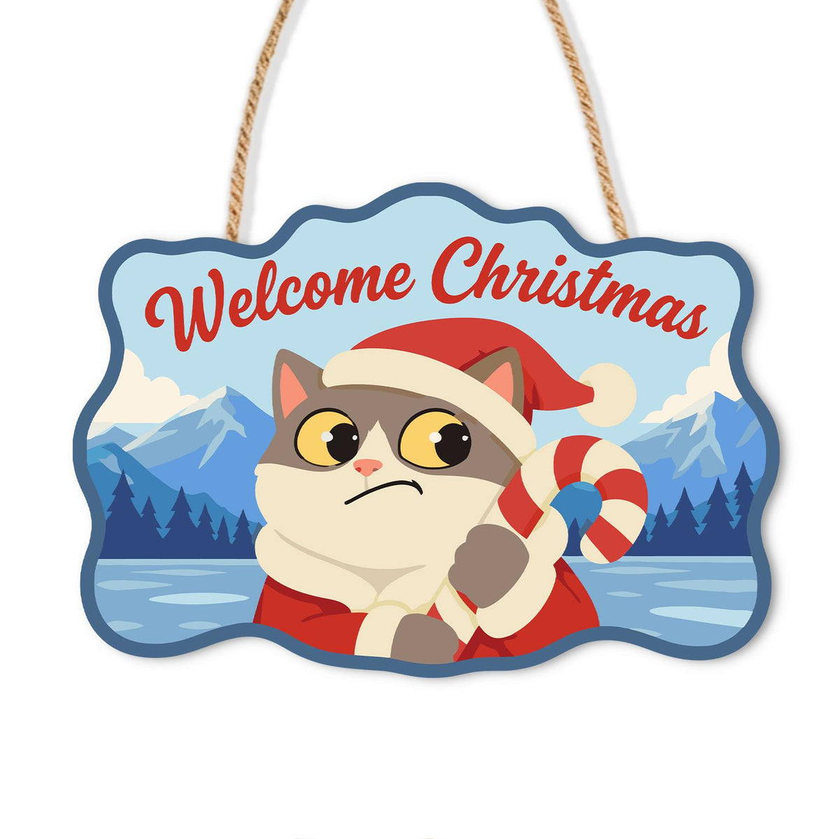 Worried Cat Clutching Candy Cane paint by numbers hanging sign – Worried grey and white cat in a Santa hat holding a candy cane by a mountain lake and pines, Welcome Christmas, on a wooden sign with a rope hanger