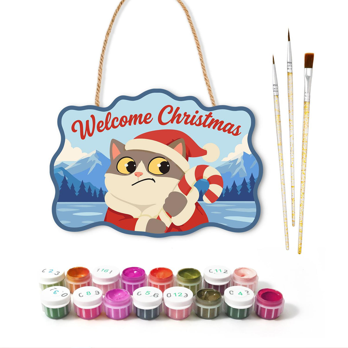 Worried Cat Clutching Candy Cane paint by numbers hanging sign – image 2