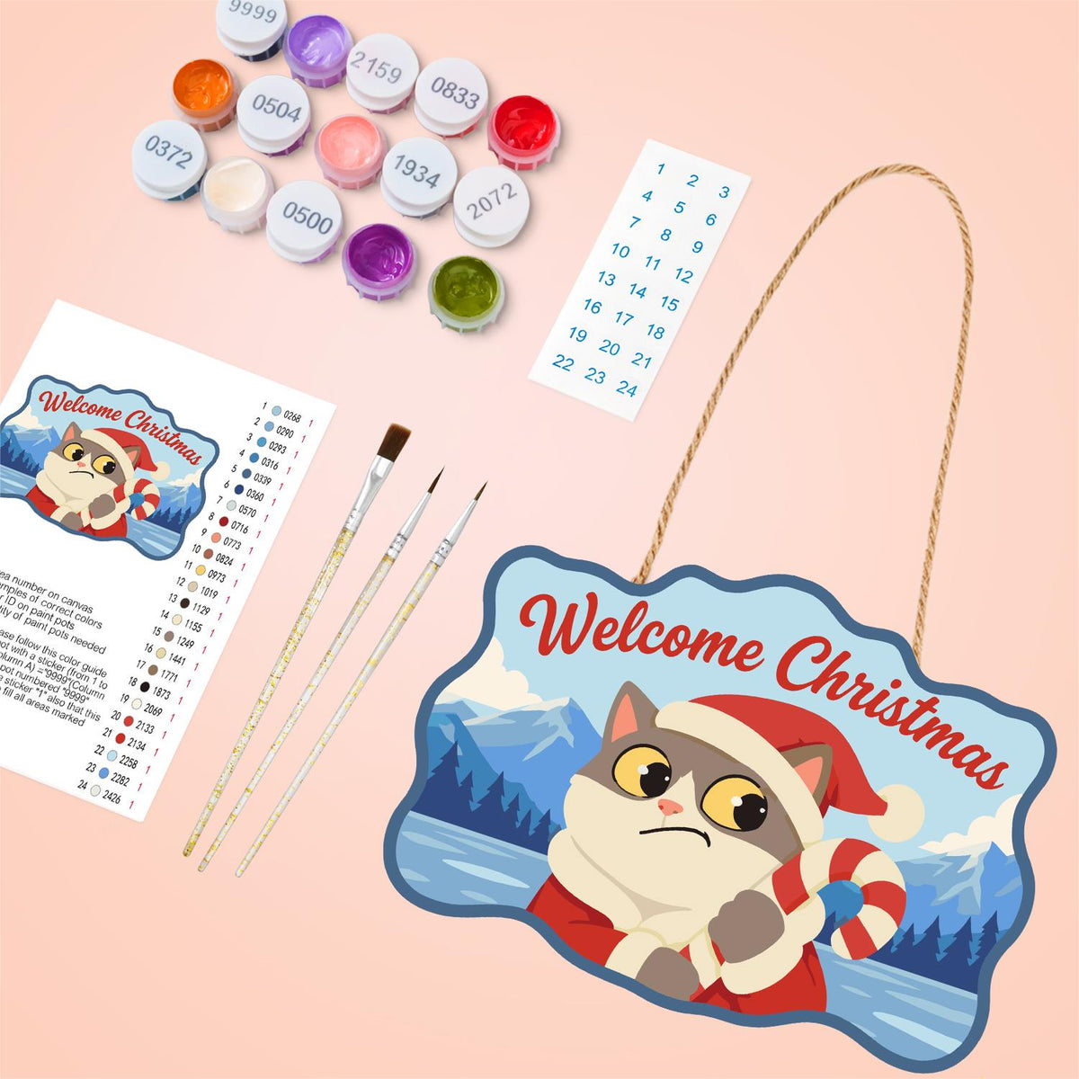 Worried Cat Clutching Candy Cane paint by numbers hanging sign – image 4