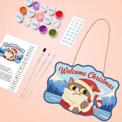 Worried Cat Clutching Candy Cane paint by numbers hanging sign – image 4