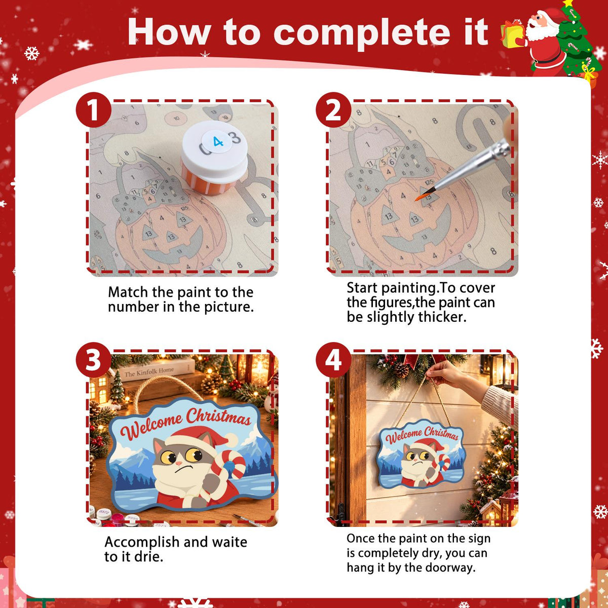 Worried Cat Clutching Candy Cane paint by numbers hanging sign – image 6