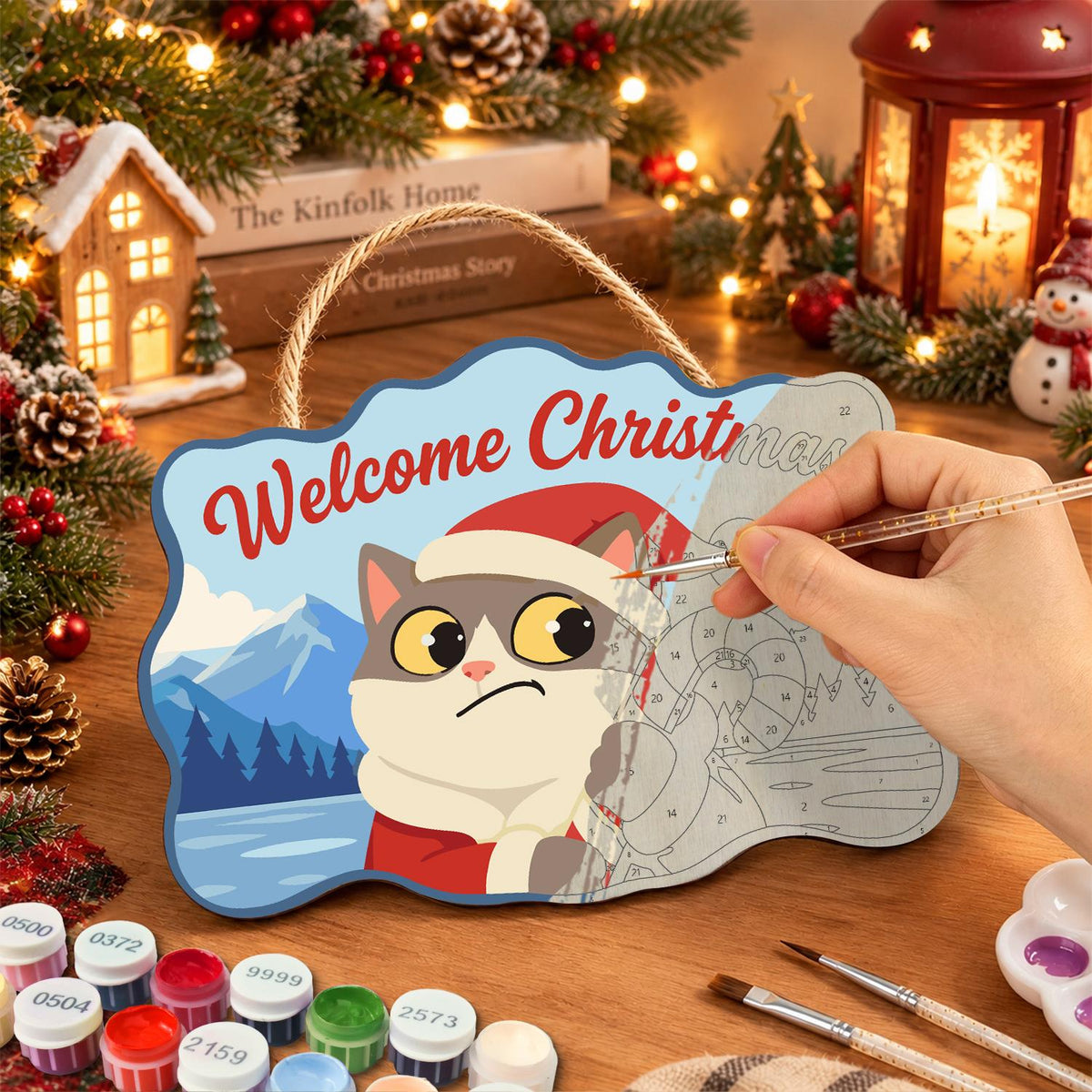 Worried Cat Clutching Candy Cane paint by numbers hanging sign – image 7