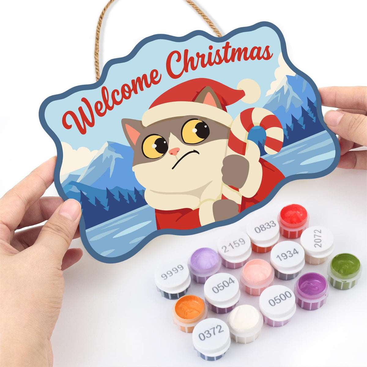 Worried Cat Clutching Candy Cane paint by numbers hanging sign – image 9