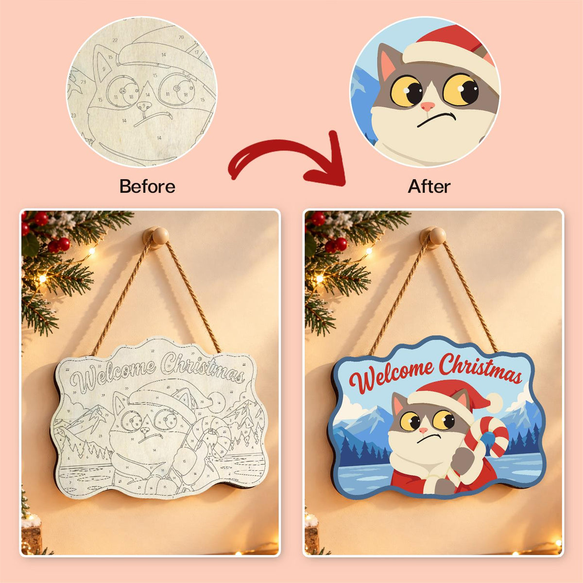 Worried Cat Clutching Candy Cane paint by numbers hanging sign – image 10