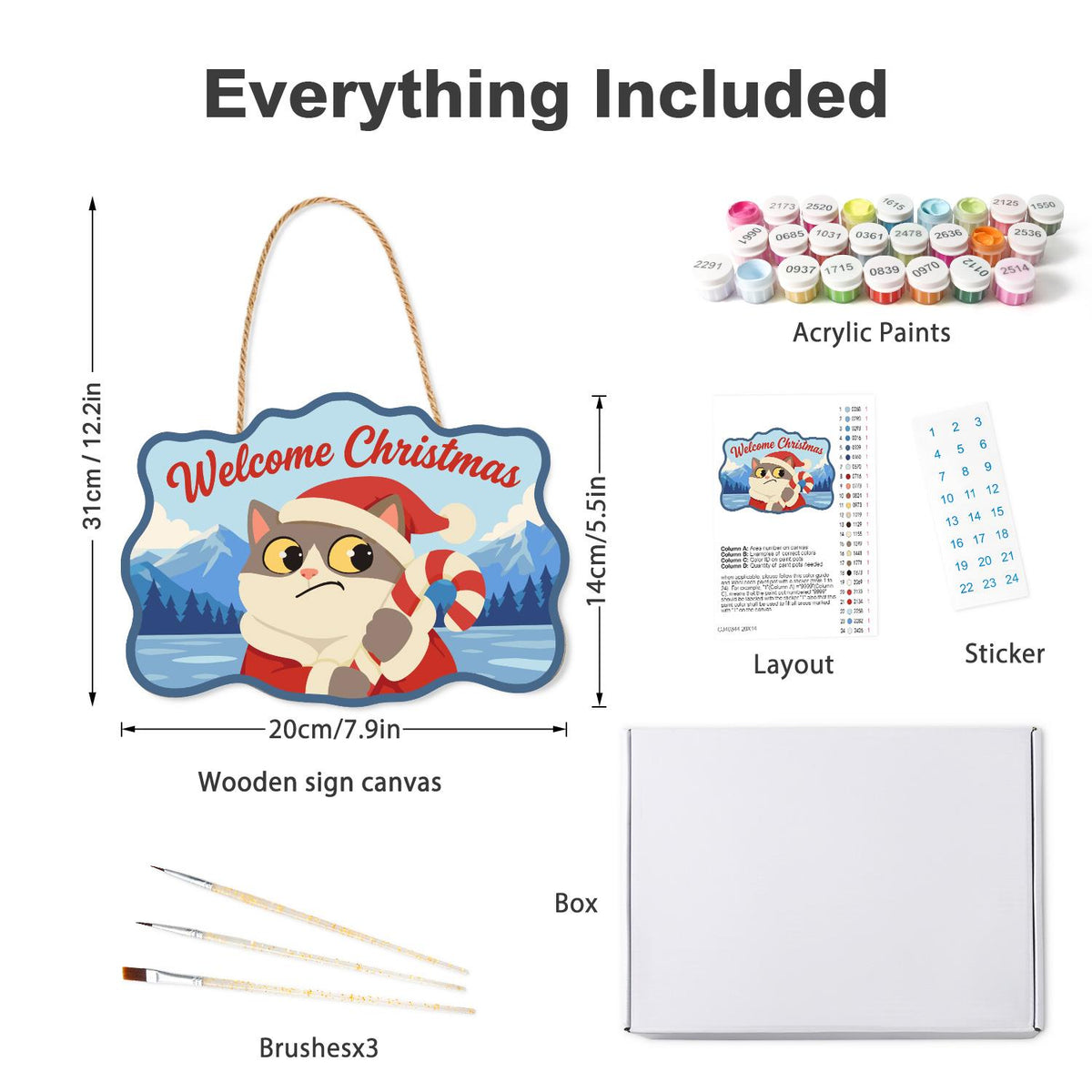Worried Cat Clutching Candy Cane paint by numbers hanging sign – what's in the kit: the wooden sign, rope hanger, numbered paints and brushes