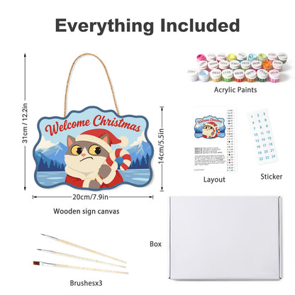 Worried Cat Clutching Candy Cane paint by numbers hanging sign – what's in the kit: the wooden sign, rope hanger, numbered paints and brushes