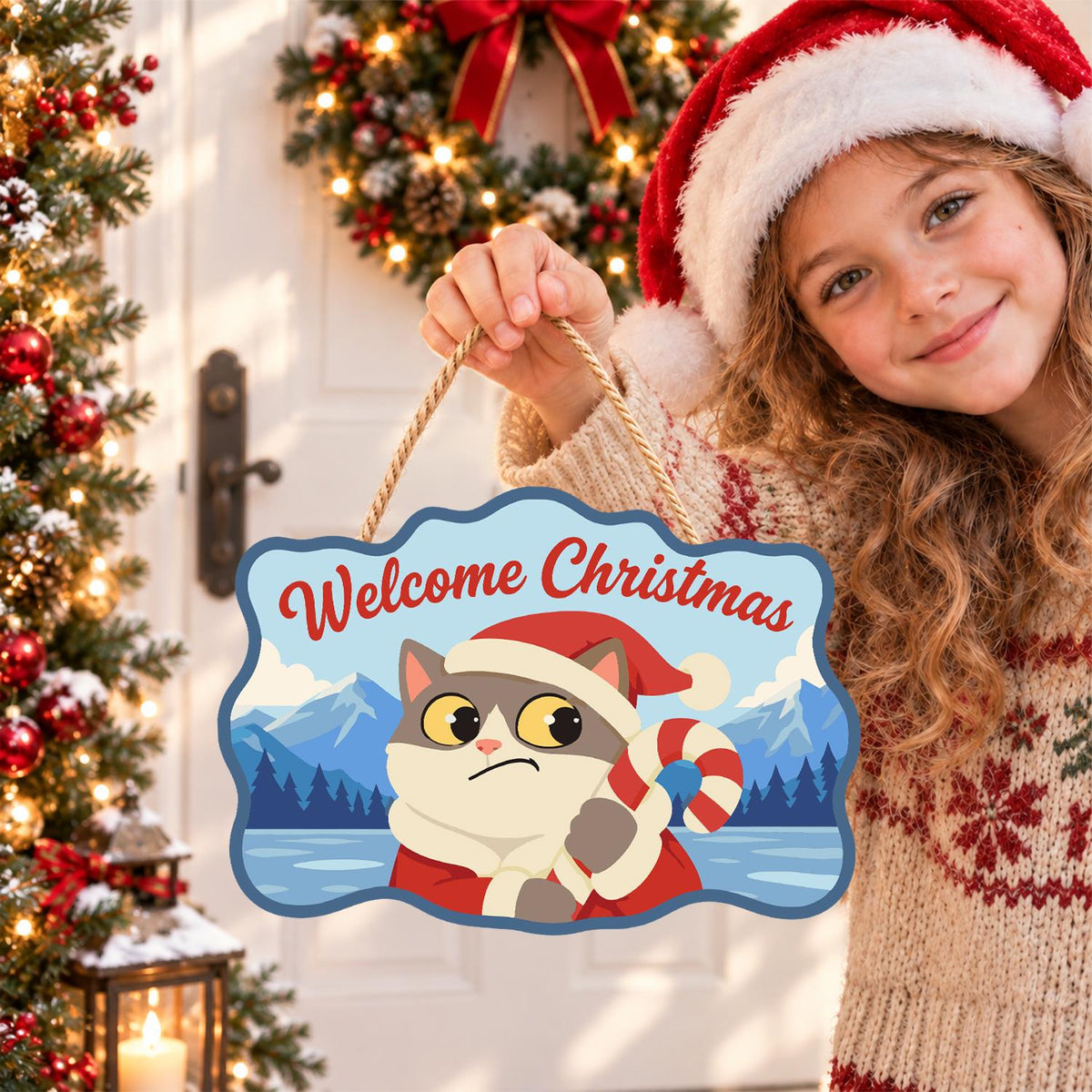 Worried Cat Clutching Candy Cane paint by numbers hanging sign – image 13