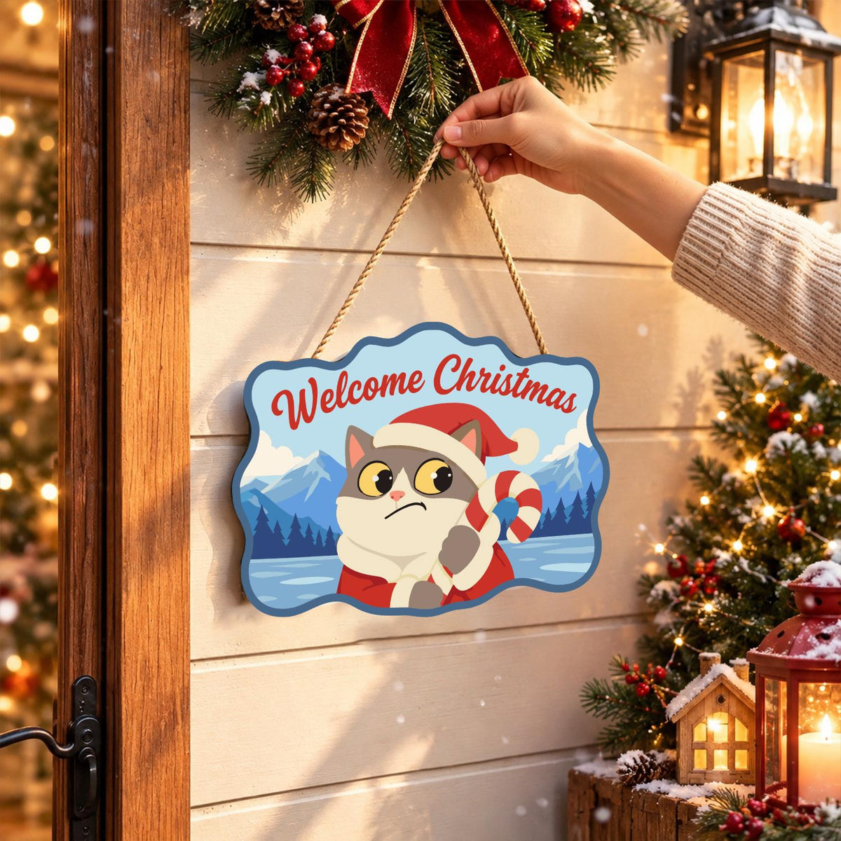 Worried Cat Clutching Candy Cane paint by numbers hanging sign – image 14