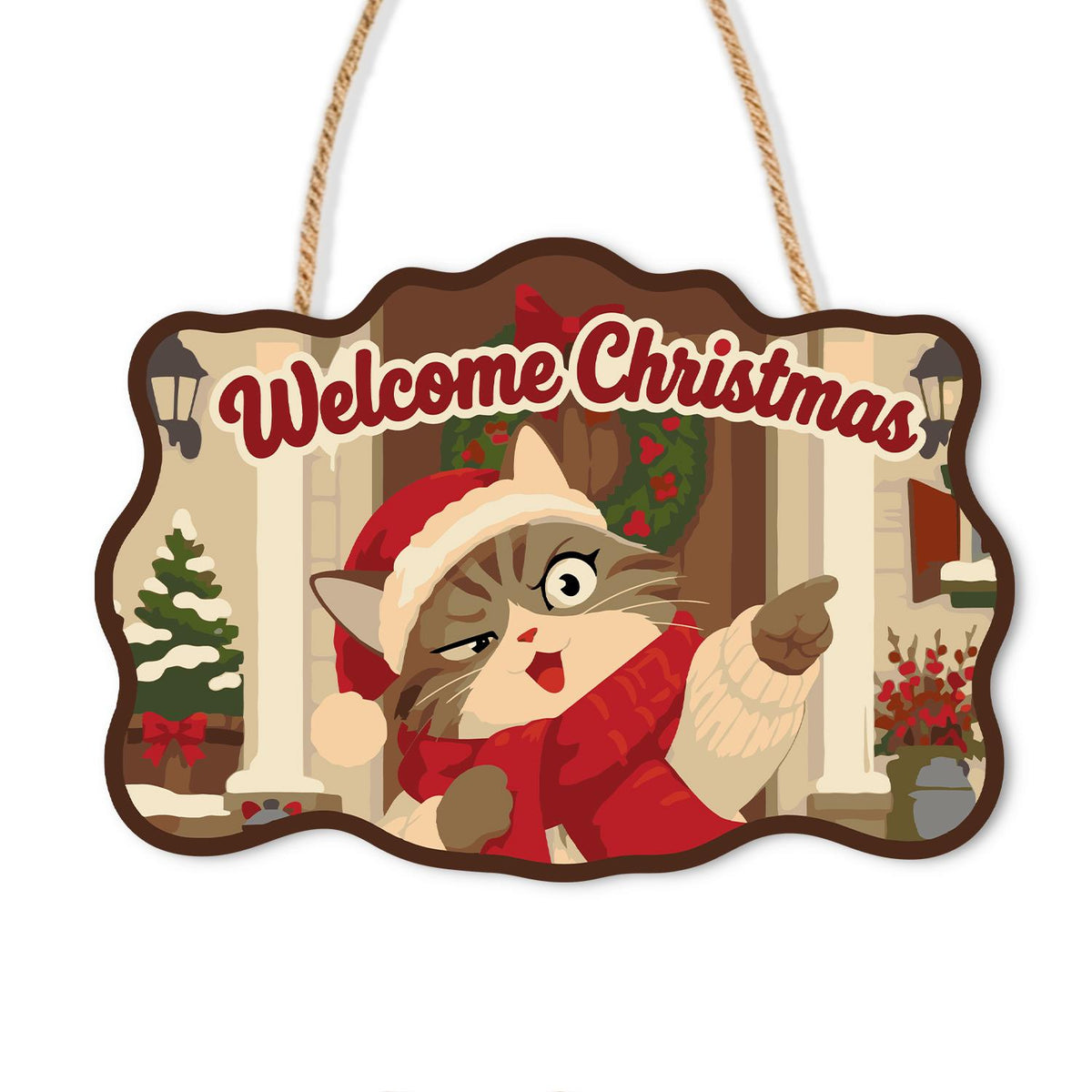 Pointing Tabby on Wreathed Porch paint by numbers hanging sign – Winking tabby cat in a Santa hat and red sweater pointing on a porch with a wreath and tree, Welcome Christmas, on a wooden sign with a rope hanger