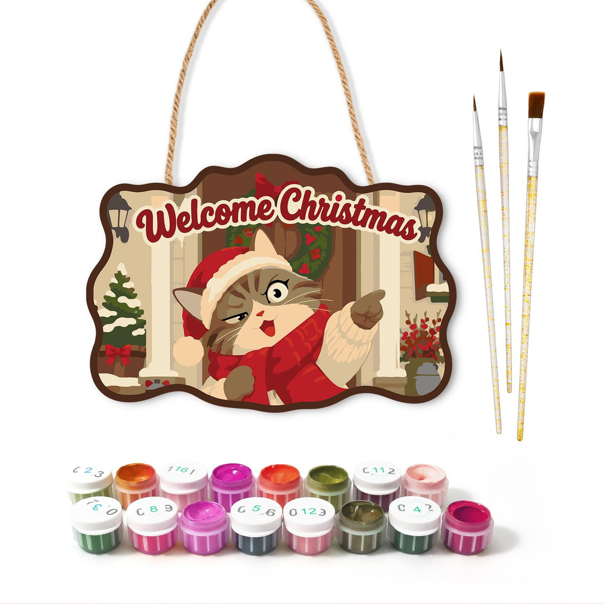 Pointing Tabby on Wreathed Porch paint by numbers hanging sign – image 2