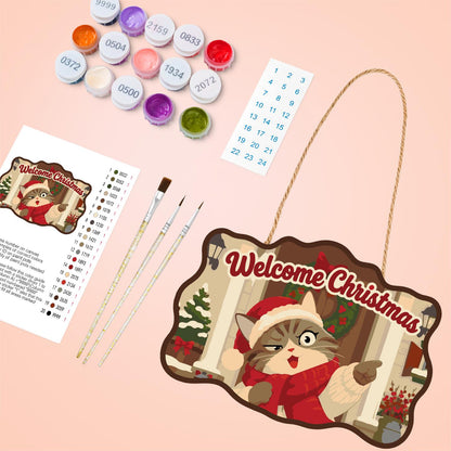 Pointing Tabby on Wreathed Porch paint by numbers hanging sign – image 4
