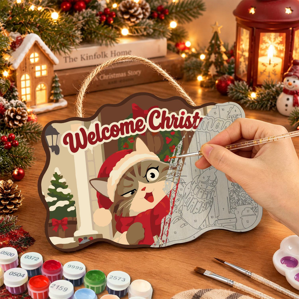 Pointing Tabby on Wreathed Porch paint by numbers hanging sign – image 7