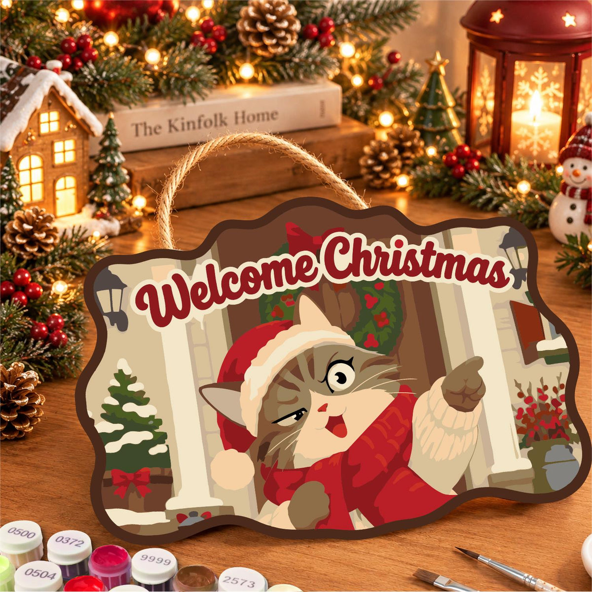 Pointing Tabby on Wreathed Porch paint by numbers hanging sign – image 8