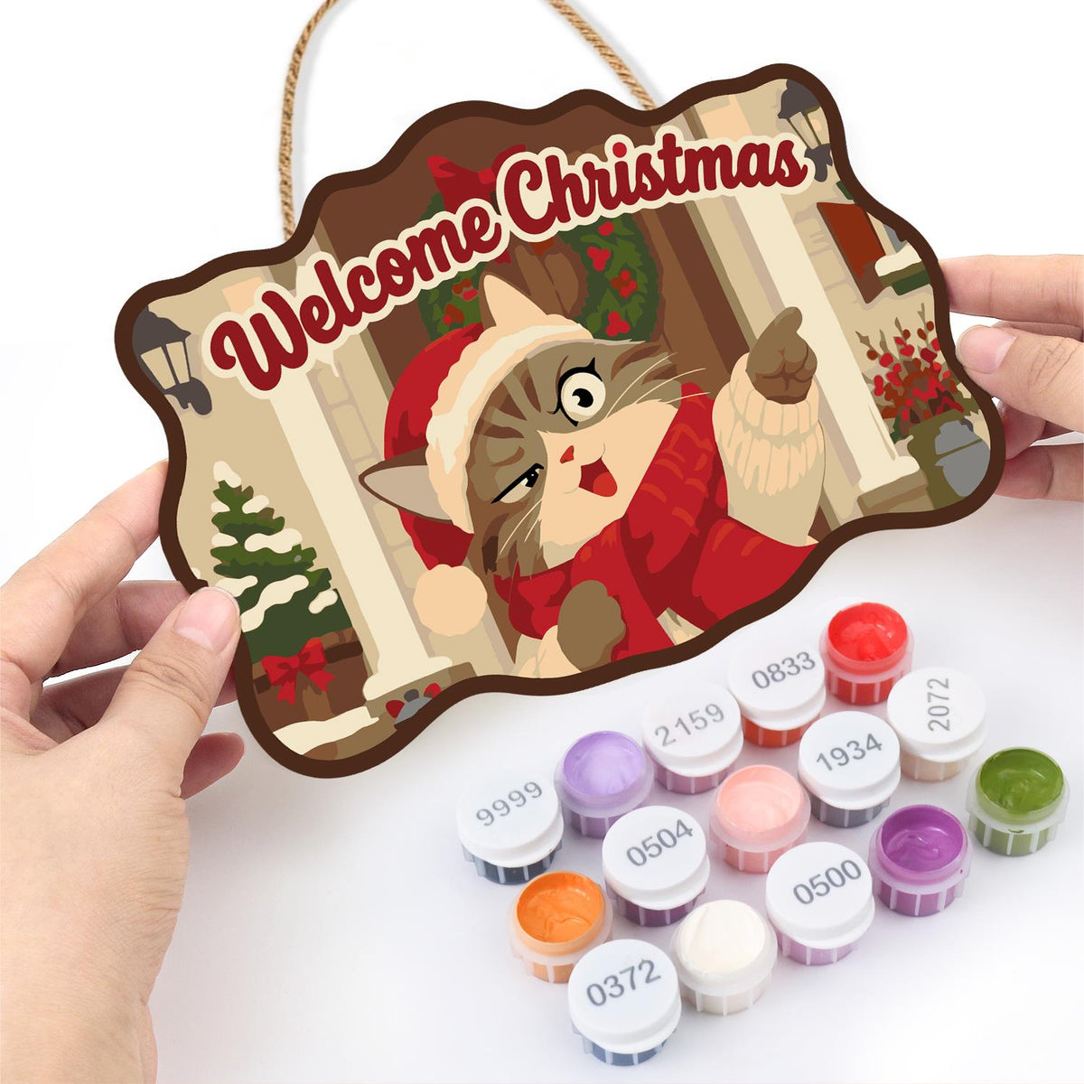 Pointing Tabby on Wreathed Porch paint by numbers hanging sign – image 9