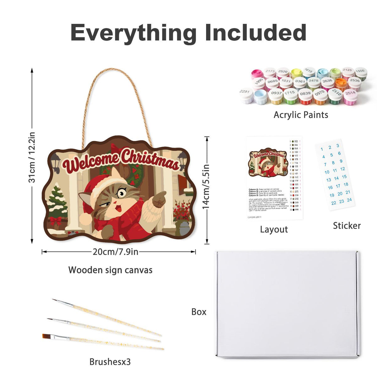 Pointing Tabby on Wreathed Porch paint by numbers hanging sign – what's in the kit: the wooden sign, rope hanger, numbered paints and brushes