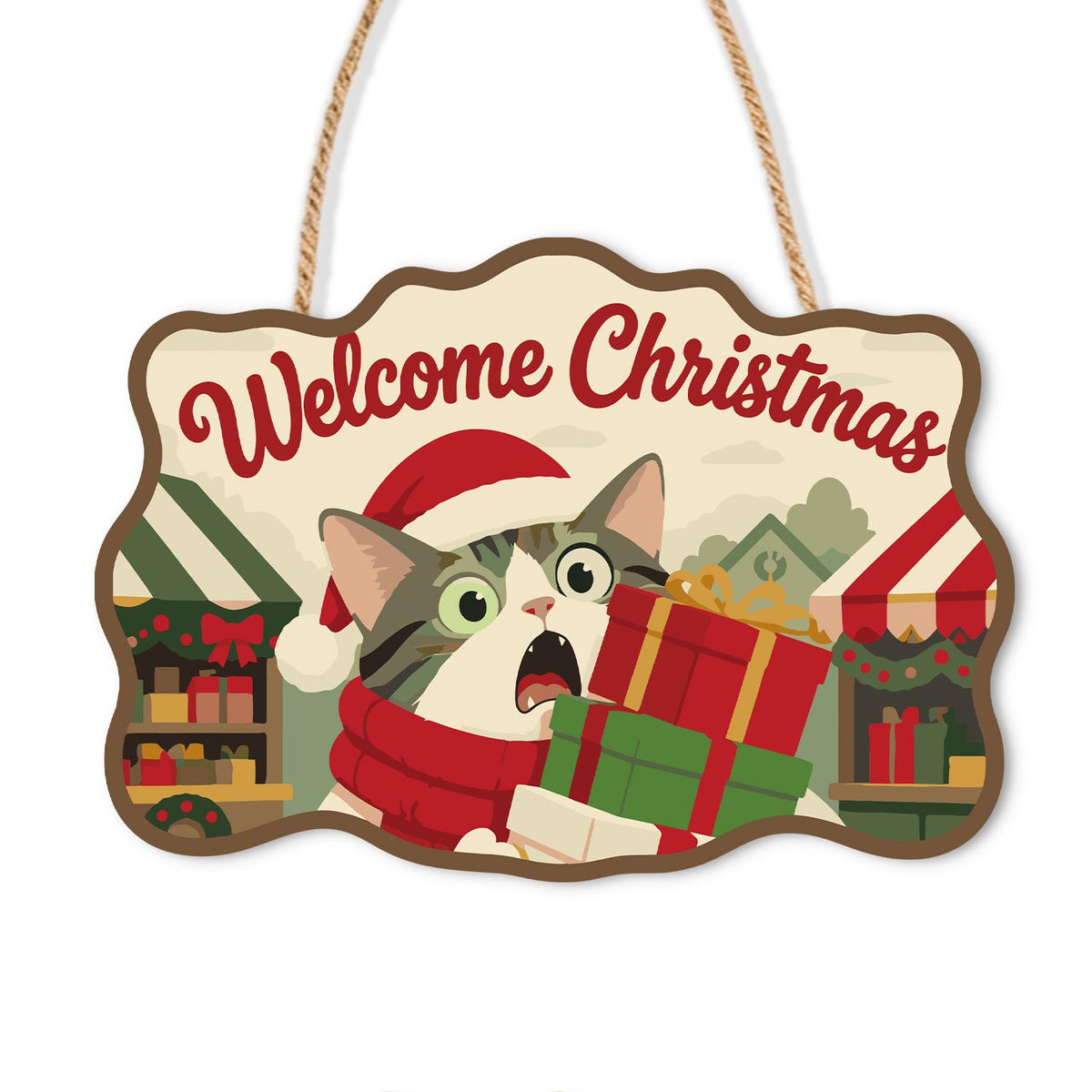 Startled Cat with Gift Stack paint by numbers hanging sign – Shocked tabby and white cat in a Santa hat carrying a stack of gifts by striped market stalls, Welcome Christmas, on a wooden sign with a rope hanger