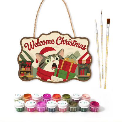 Startled Cat with Gift Stack paint by numbers hanging sign – image 2