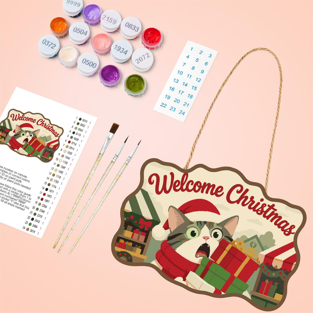 Startled Cat with Gift Stack paint by numbers hanging sign – image 4