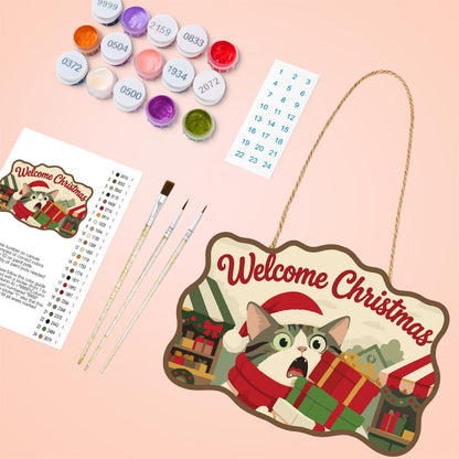 Startled Cat with Gift Stack paint by numbers hanging sign – image 4