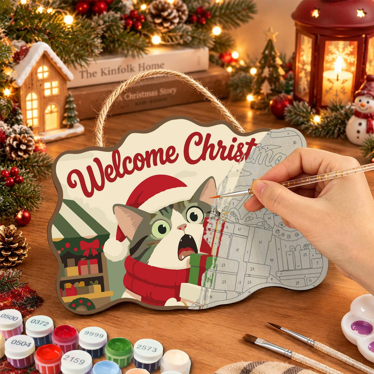 Startled Cat with Gift Stack paint by numbers hanging sign – image 7
