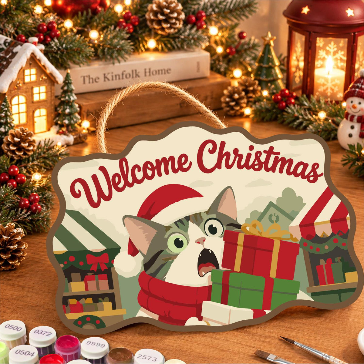 Startled Cat with Gift Stack paint by numbers hanging sign – image 8