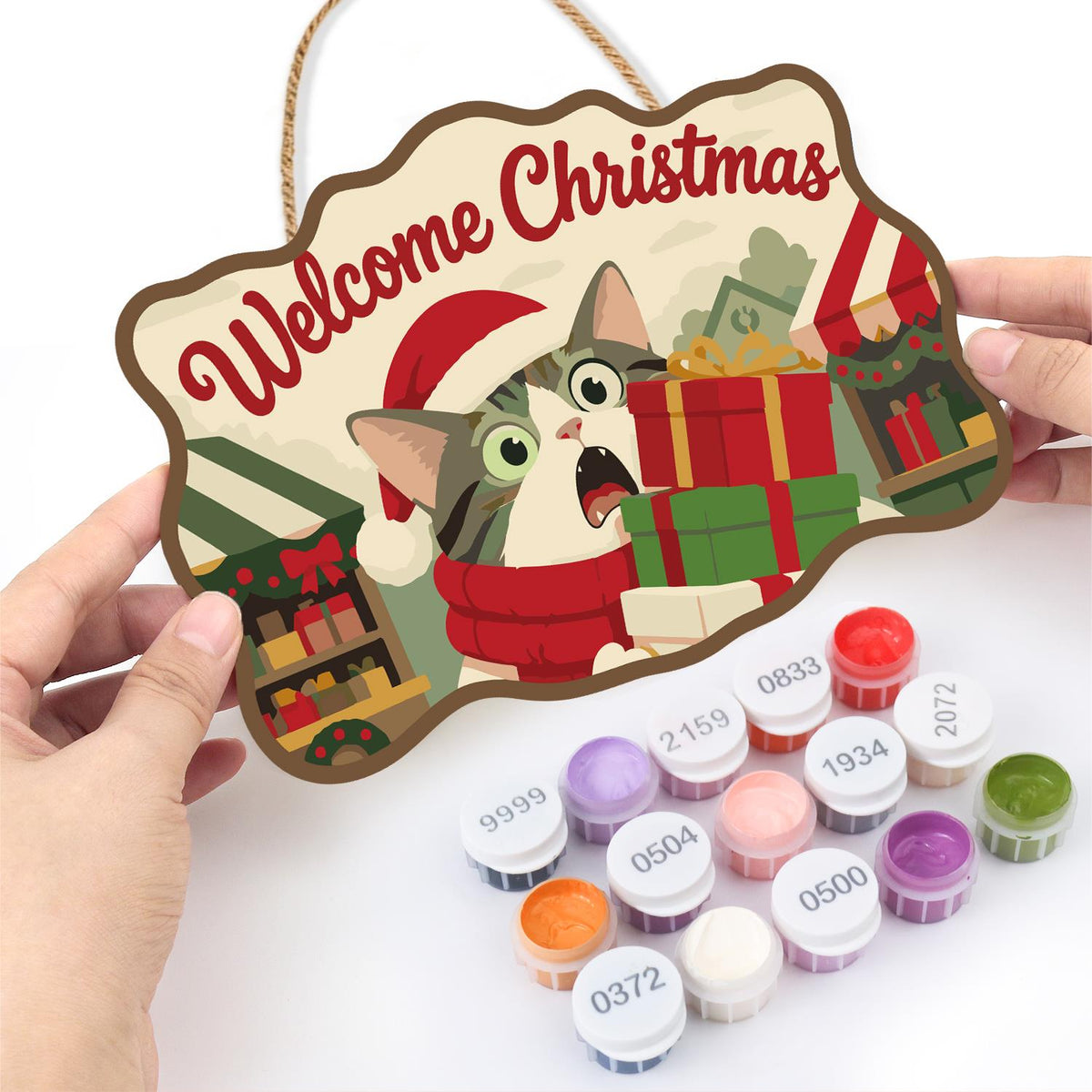 Startled Cat with Gift Stack paint by numbers hanging sign – image 9