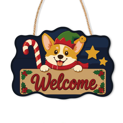 Peeking Corgi with Candy Cane paint by numbers hanging sign – Corgi in an elf hat peeking over a Welcome board with a candy cane, gold stars and holly on navy, on a wooden sign with a rope hanger