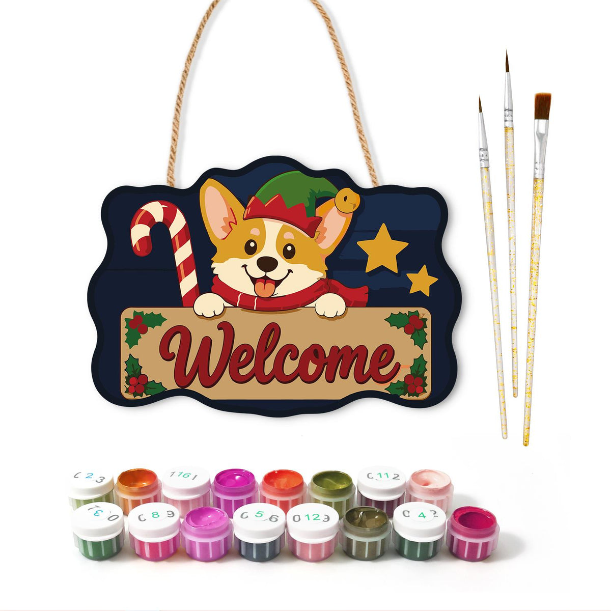 Peeking Corgi with Candy Cane paint by numbers hanging sign – image 2