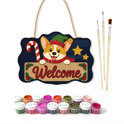 Peeking Corgi with Candy Cane paint by numbers hanging sign – image 2