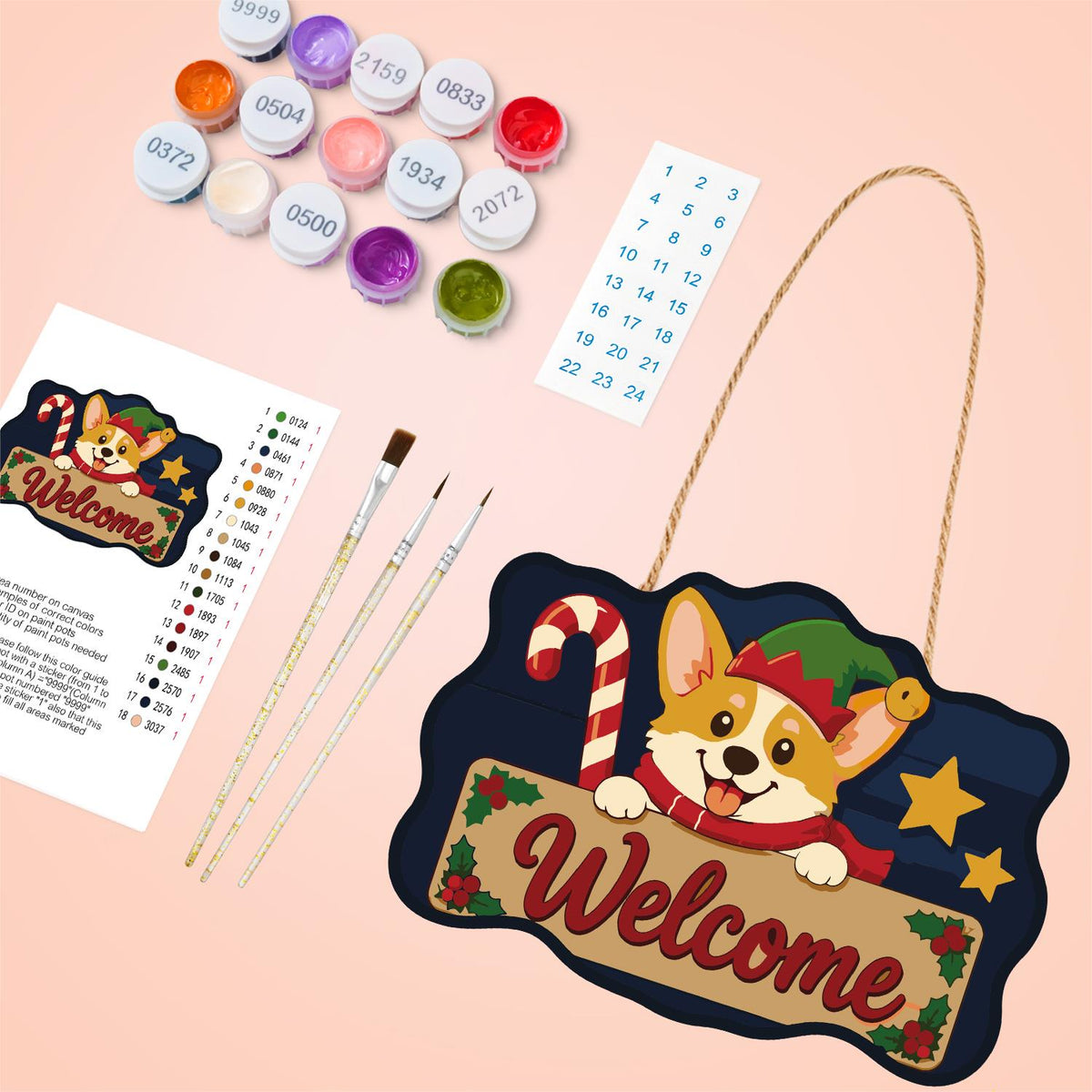 Peeking Corgi with Candy Cane paint by numbers hanging sign – image 4