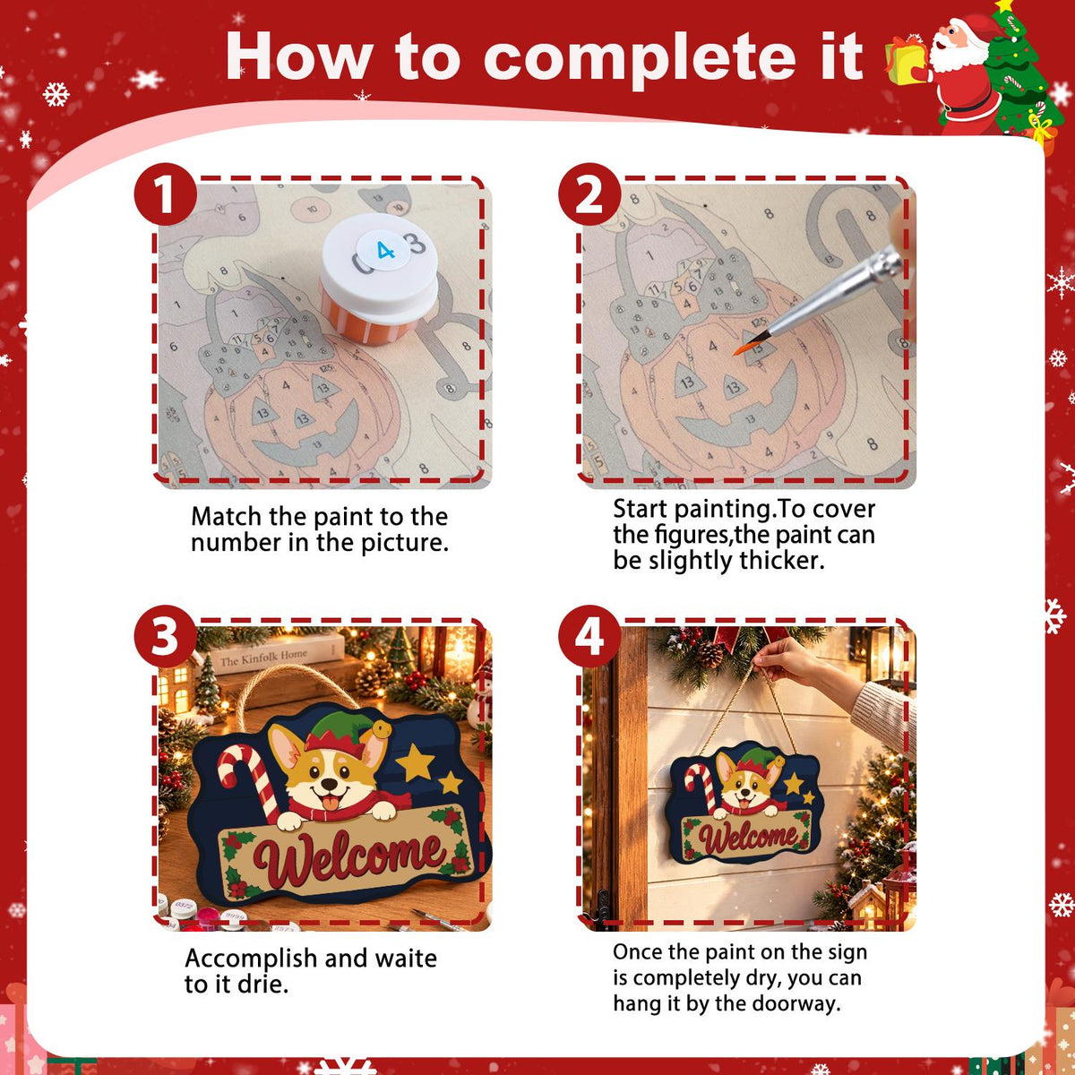 Peeking Corgi with Candy Cane paint by numbers hanging sign – image 6
