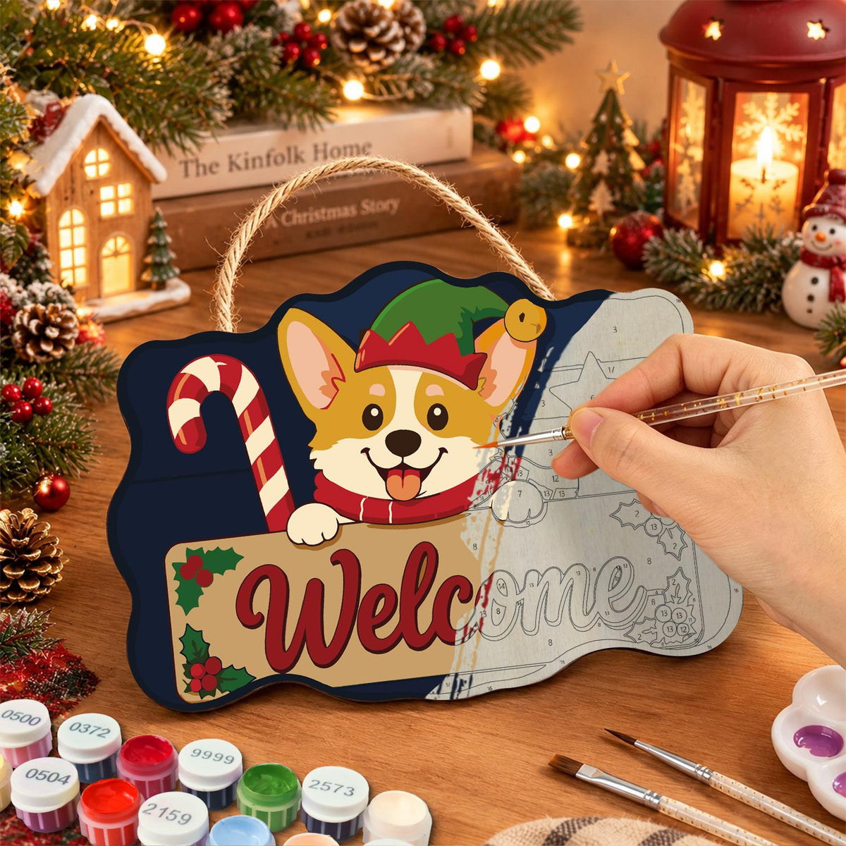 Peeking Corgi with Candy Cane paint by numbers hanging sign – image 7
