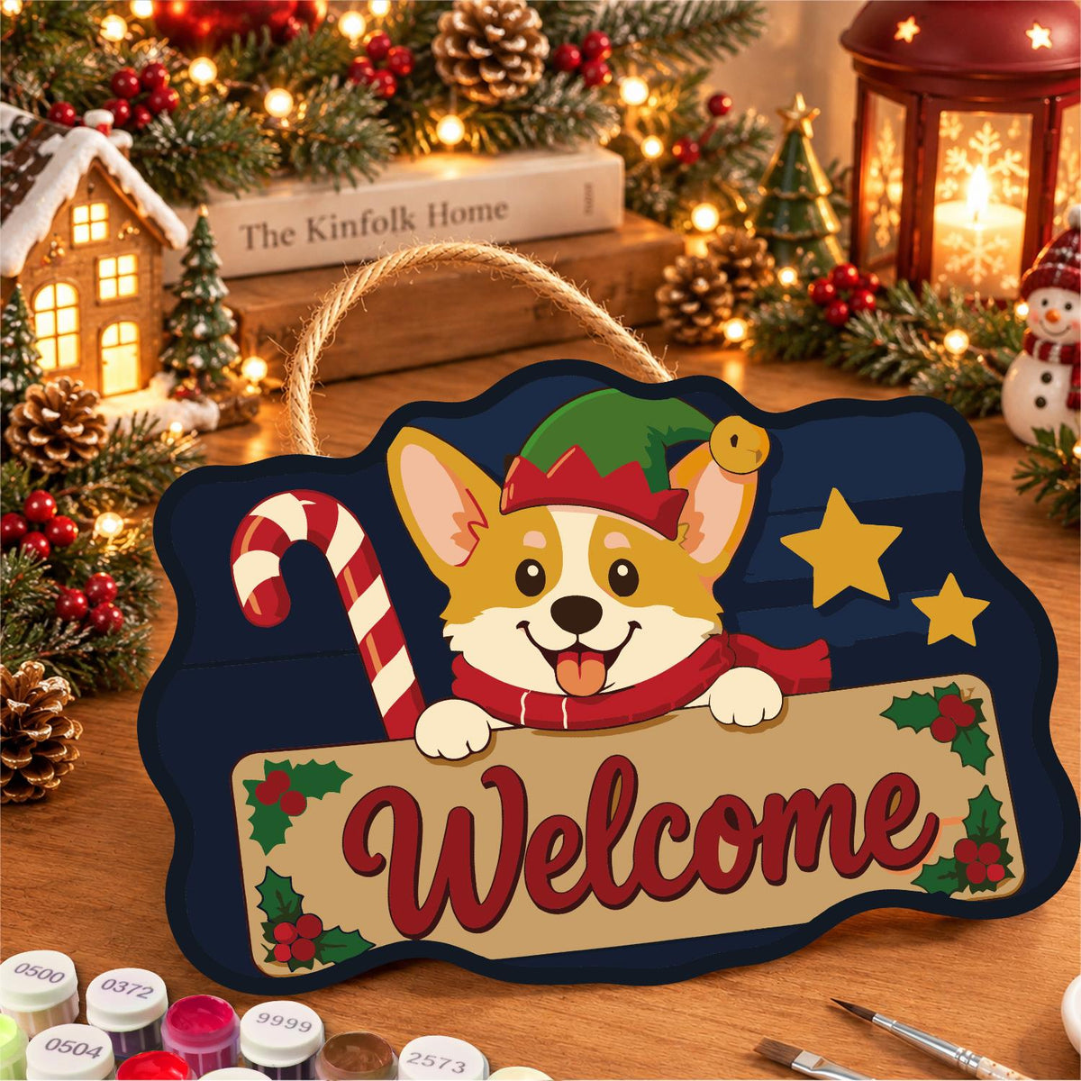 Peeking Corgi with Candy Cane paint by numbers hanging sign – image 8