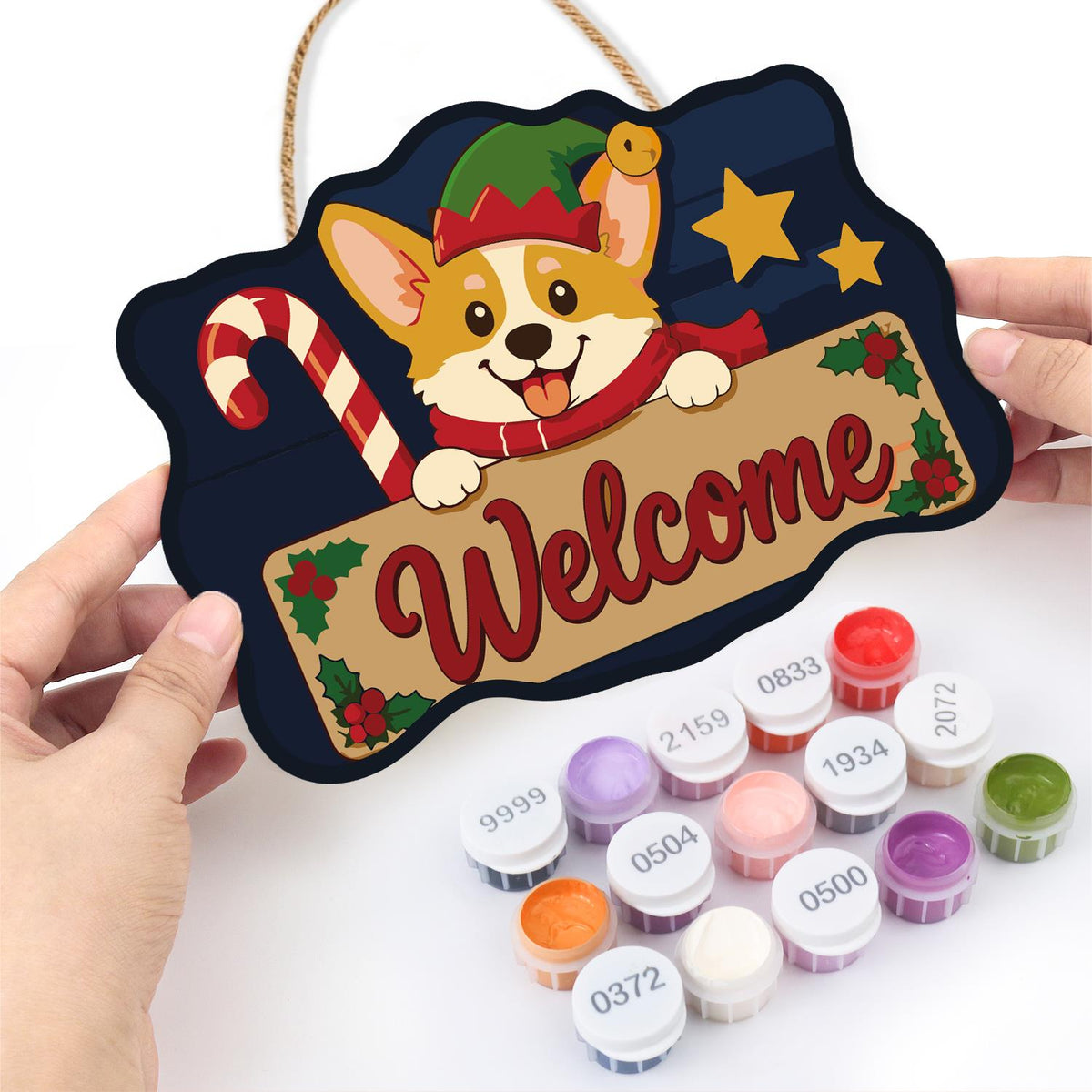 Peeking Corgi with Candy Cane paint by numbers hanging sign – image 9
