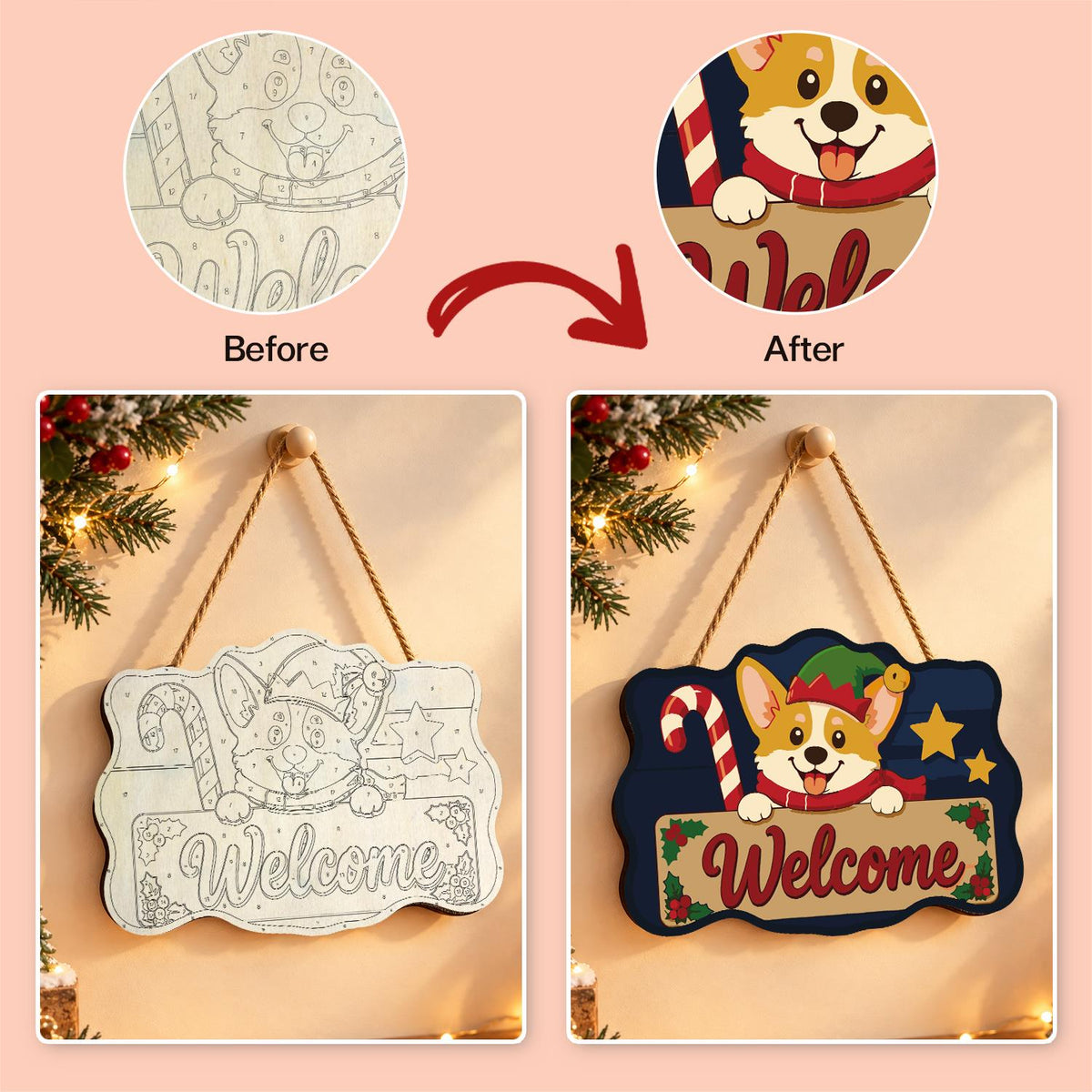 Peeking Corgi with Candy Cane paint by numbers hanging sign – image 10