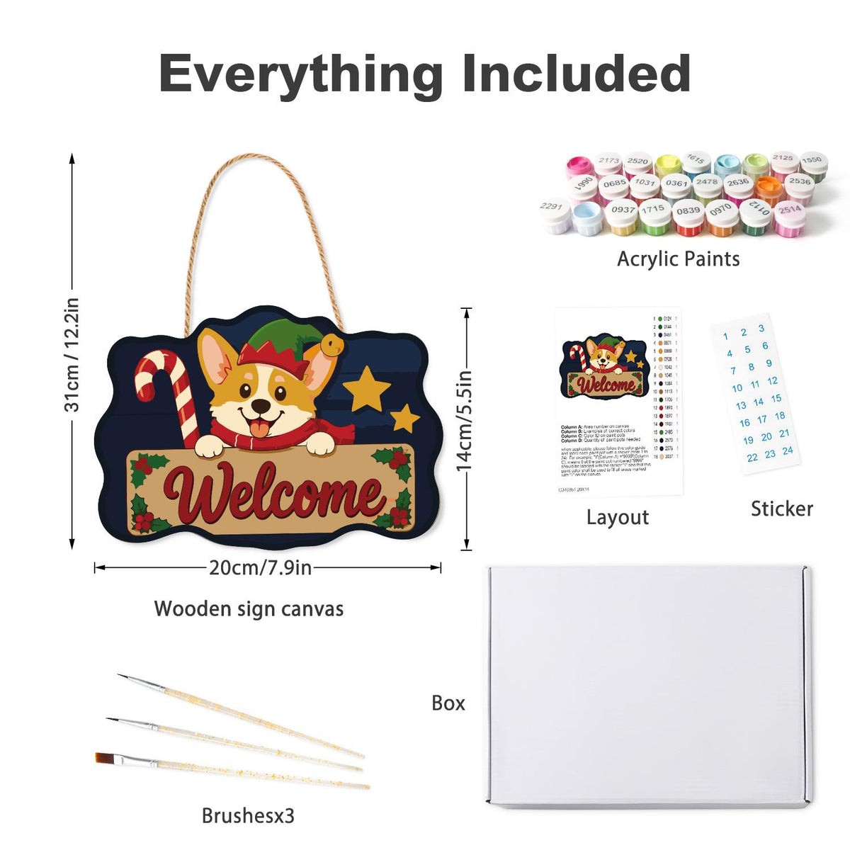 Peeking Corgi with Candy Cane paint by numbers hanging sign – what's in the kit: the wooden sign, rope hanger, numbered paints and brushes